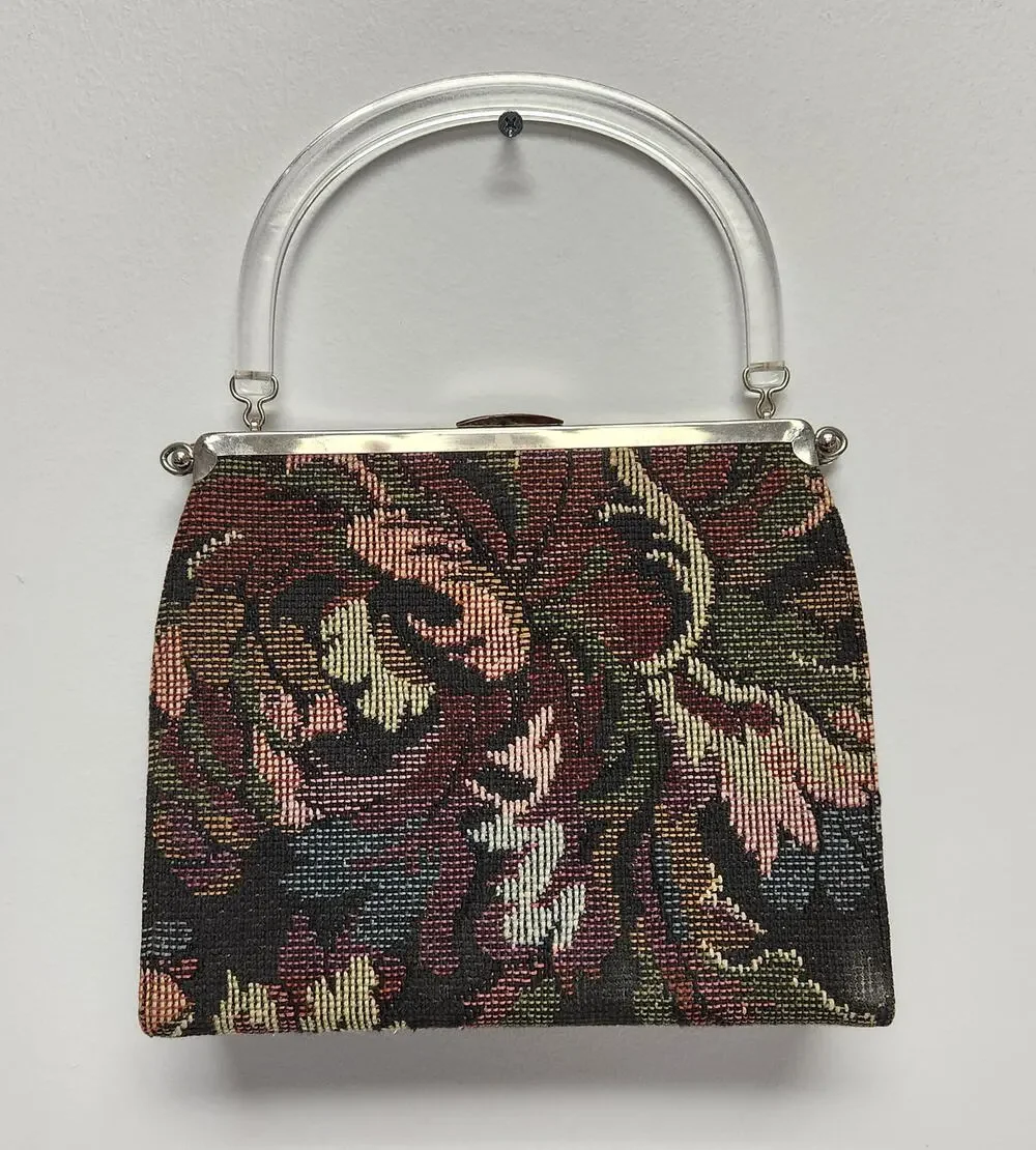 Vintage Multicolor Floral Tapestry Purse Lucite Handle Convertible Bag